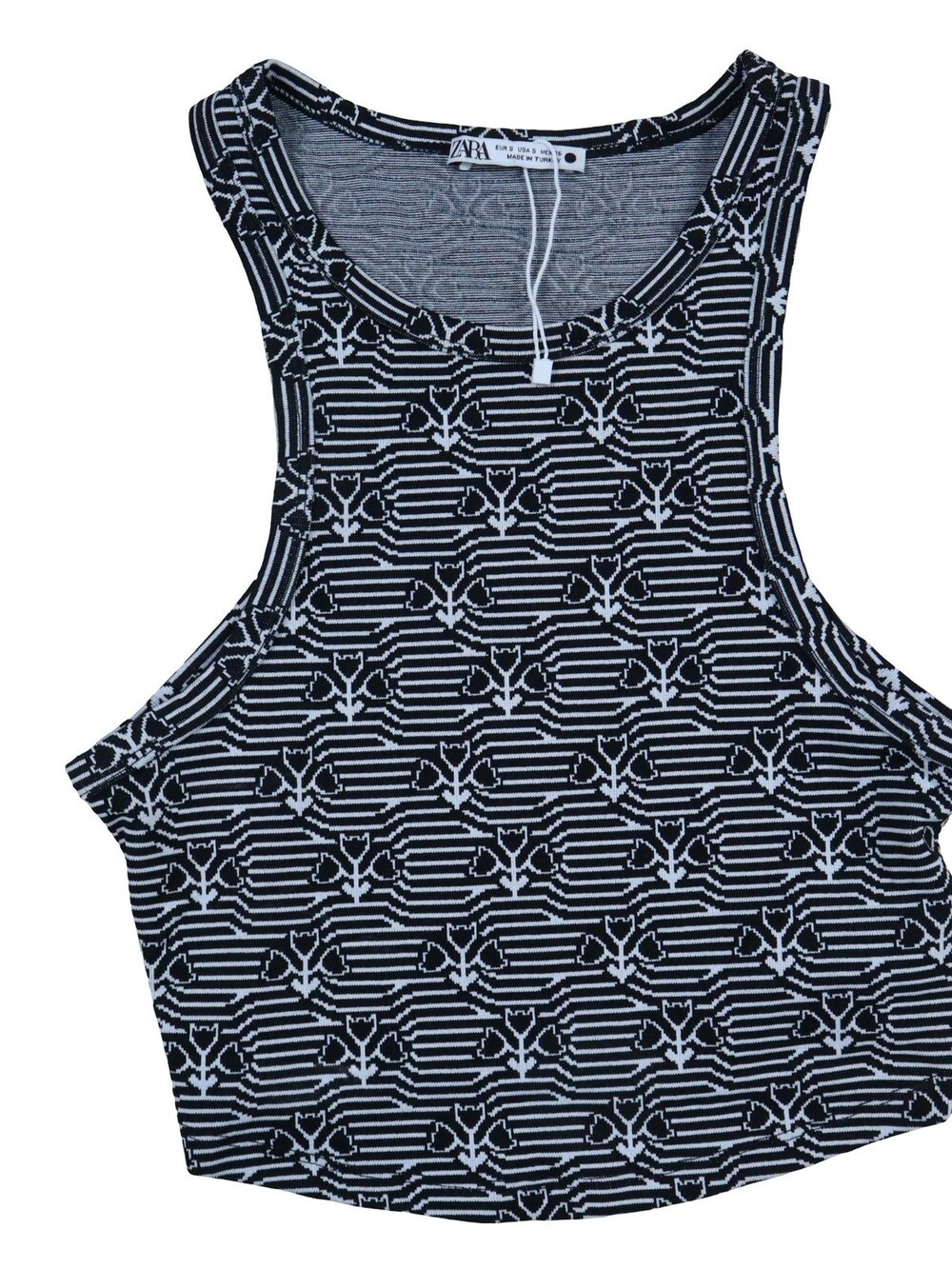 Zara Cropped Tank Top Knit Striped Floral Pattern Black Sleeveless Women's Small